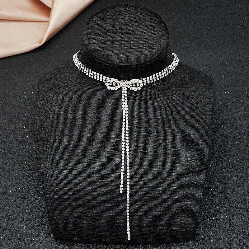 Graduation gift  New full Rhinestone bridal bow jewelry full Rhinestone necklace wedding accessories pendant necklace clavicle chain ladies gifts
