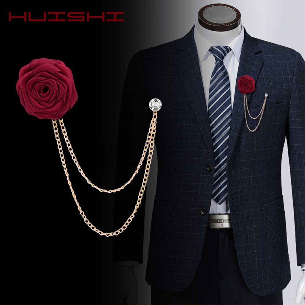 HUISHI Brooches For Men Bridegroom Wedding Brooch Cloth Hand-made Rose Flower Lapel Pin Badge Tassel Chain Mens Suit Accessories