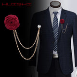 HUISHI Brooches For Men Bridegroom Wedding Brooch Cloth Hand-made Rose Flower Lapel Pin Badge Tassel Chain Mens Suit Accessories