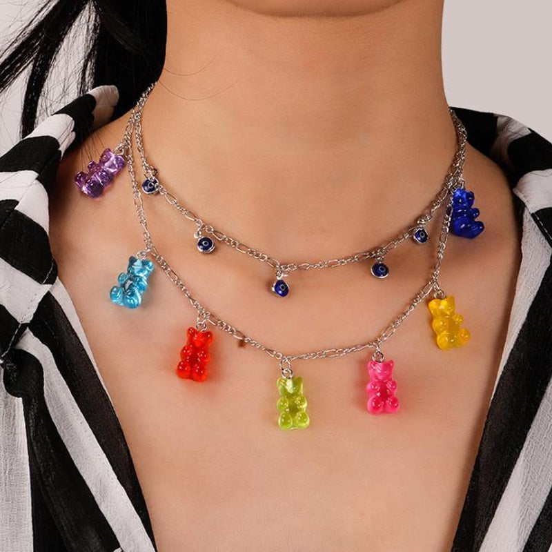 Christmas Gift Gummy Mini Bear Necklace Candy Color for Women Christmas Gift New Collare Silver Color Sequins Pendants Necklaces Party Jewelry