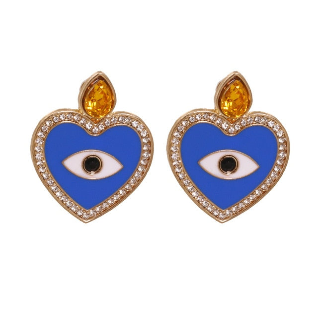 AVEURI Trendy Ethnic Love Heart Shape Evil Eye Drop Earrings For Women Vintage Statement Crystal Dangle Earring Jewelry Gift