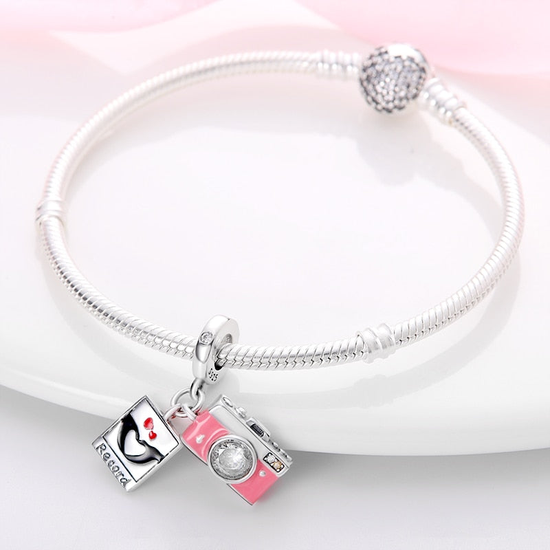 Silver Pink Camera And Photo Album Charm Bead Fit Original Pandach Bracelet women Silver pendant bead diy jewelry