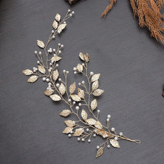 Aveuri Handmade Golden Leaf Pearl Wedding Bridal Headbands Tiara Headdress Pearl Hairbands Wedding Hair Accessories Diademas