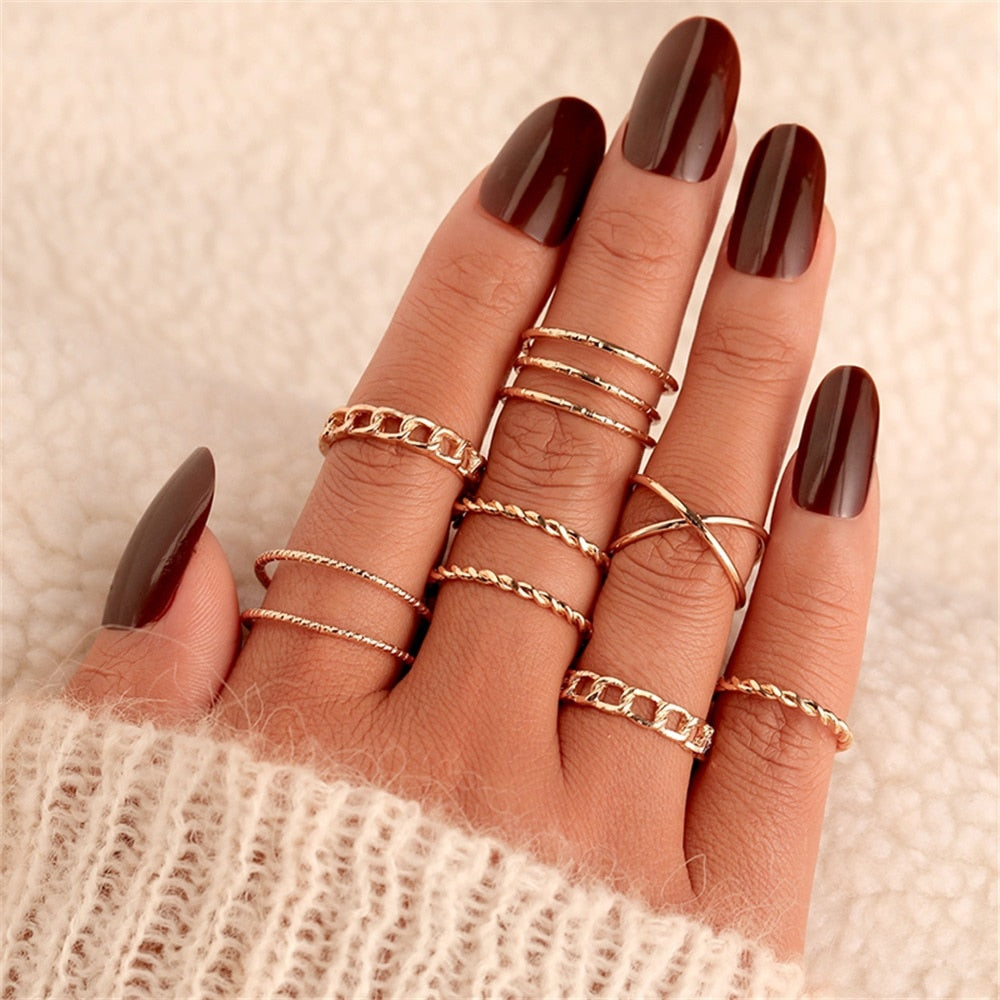 Aveuri Punk Vintage Gold Wide Chain Rings Set For Women Girls Fashion Irregular Finger Thin Rings Gift 2023  Female Jewelry Party