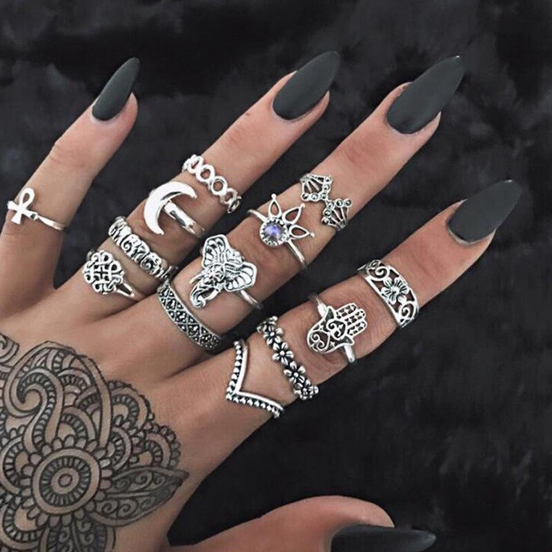 Aveuri 2024 12pcs/Set Fashion Elephant Knuckle Rings Set For Women Crystal Stone Feather finger Ring Female Boho Party Jewelry Gift