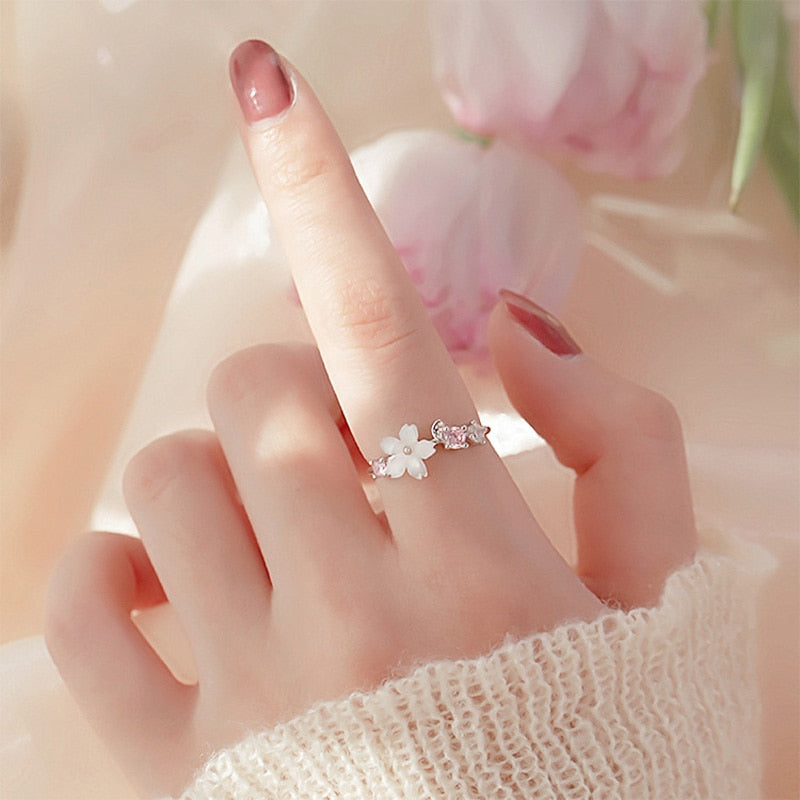 Trendy Shell Cherry Blossom Ring Diamond-studded Simple Design for Women Fashion Jewelry Accessories S925 Stamp