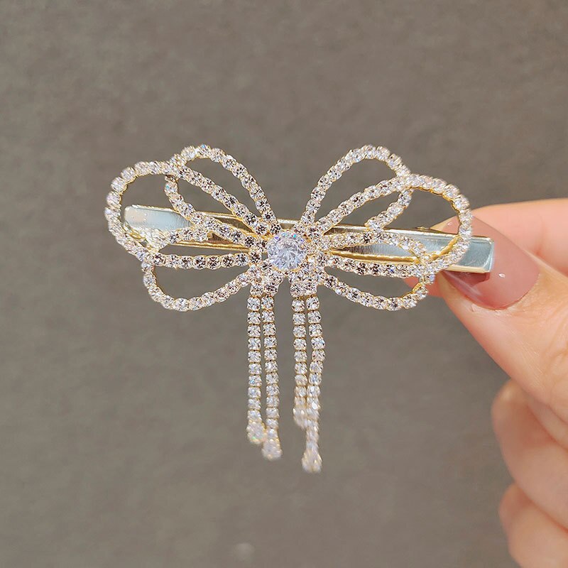 Aveuri 2022 The New Dual Purpose Rhinestone Bow Tie Word Clip Tassel Bangs Clip Fairy Side Hairpin Brooch Duckbill Clip