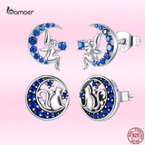 AVEURI Genuine Alloy Cat on the Moon Round Blue Stud Earrings for Women Ear Pins Fine Wedding Jewelry GXE880