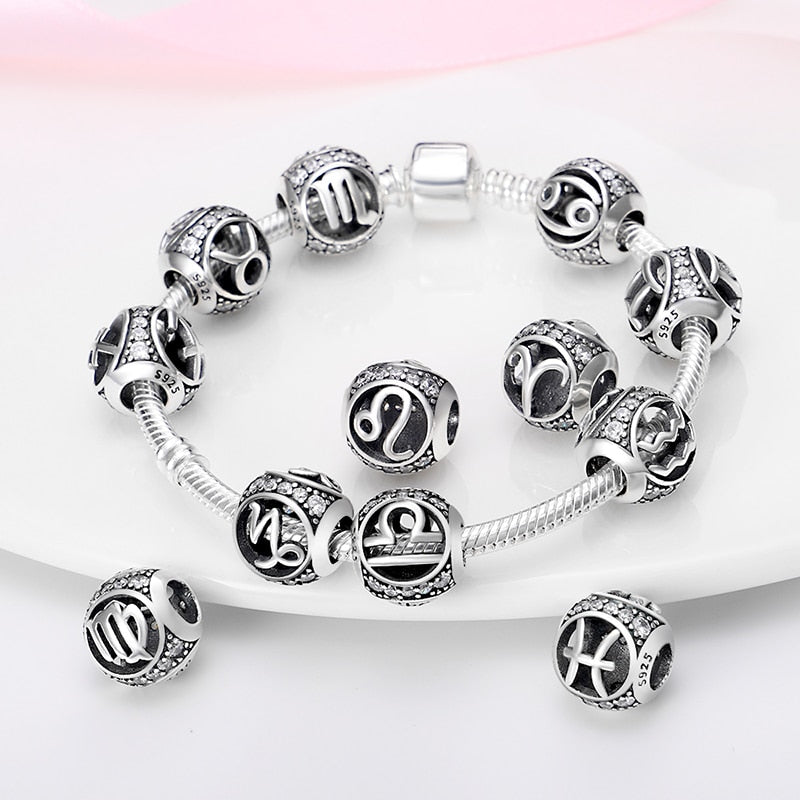 plata charms of ley Silver Color Round Twelve Constellation Series Charm Bead Fit Original Pandach Bracelet Women Fine Jewelry