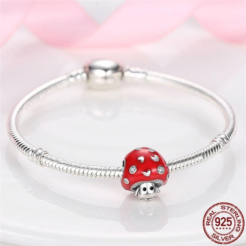 HOT SALE Silver Color Rose Red Cute Little Mushroom Charm Beads Fit Original Pandach Bracelet Pendant Necklace Jewelry