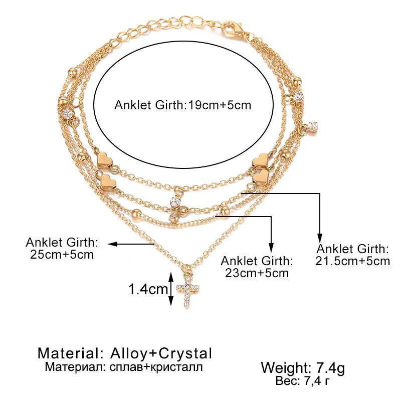 Layered Cross Heart Anklet Bracelets for Women Summer Beach Anklets On Foot Ankle Leg Chain 2023 Fashion Jewerly AM6048