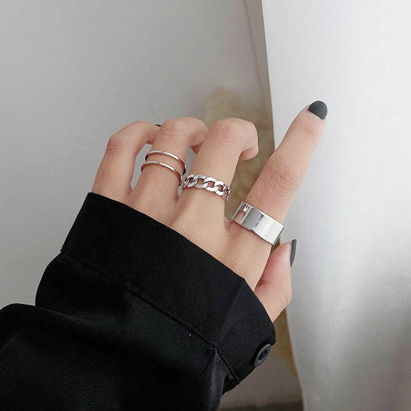 LATS Punk Gold Wide Chain Rings Set for Women Girls Fashion Irregular Finger Thin Ring 2023 Female Trendy Jewelry Party Gift