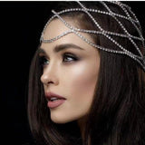 Aveuri Bling Crystal Wave Bridal Head Chain Forehead Mesh Headpiece Jewelry For Women Luxury Rhinestone Tassel Headband Headwaer Hat