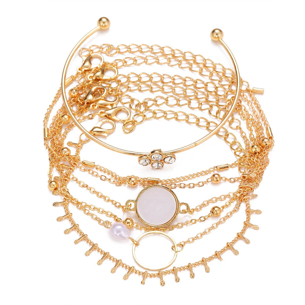 AVEURi 2023 Vintage Beads Chain Bracelets Bangles For Women Punk Fashion Gold Silver Color Wide Cuff Bangle Bracelet Sets Jewelry