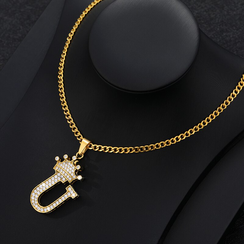 Aveuri Crown Big Letter Necklace For Women Men Initial Alphabet Charm Chain Choker Pendant 60CM Necklace Jewelry Gift Collier