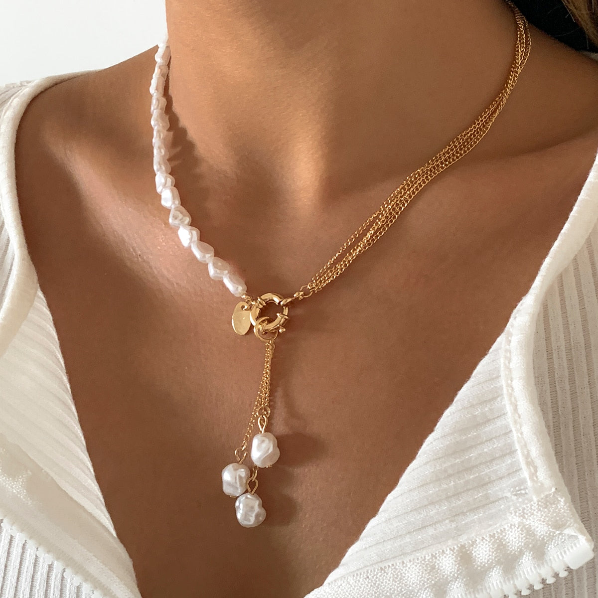 Aveuri Baroque Simulated Pearls Long Tassel Pendant Necklace For Women Beaded Link Chain Necklace 2023 Trend Lariat Wedding Jewelry