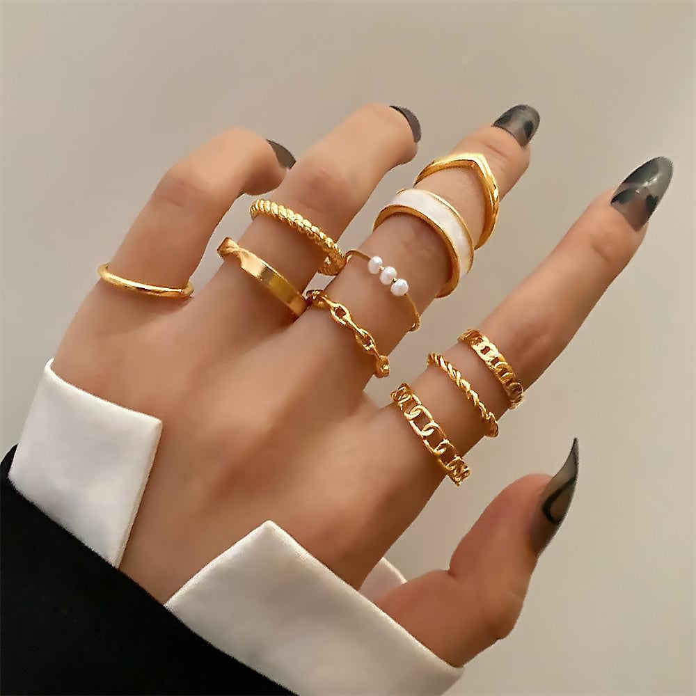 Aveuri Punk Vintage Gold Wide Chain Rings Set For Women Girls Fashion Irregular Finger Thin Rings Gift 2023  Female Jewelry Party