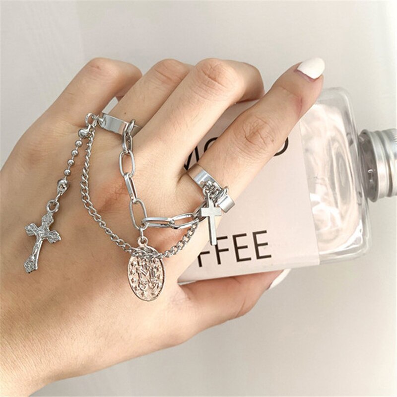 LATS Trendy Vintage Punk Hip-Hop Cross Rings for Women Men Unisex Silver Color Finger Chain Adjustable Ring Fashion Jewelry