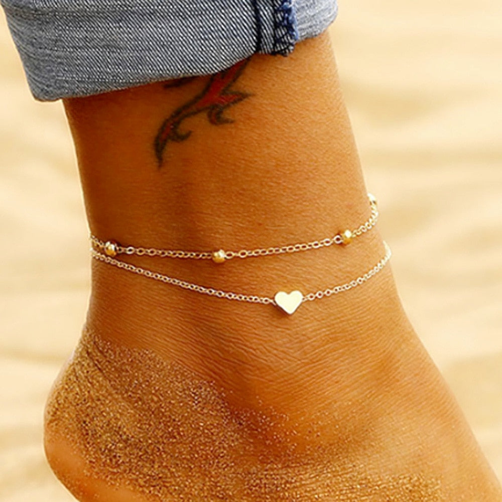 Vintage Ankle Bracelets for Women Simple Heart Love Anklets for Women Beach Charm Boho Accessories Mujer Leg Foot Jewelry