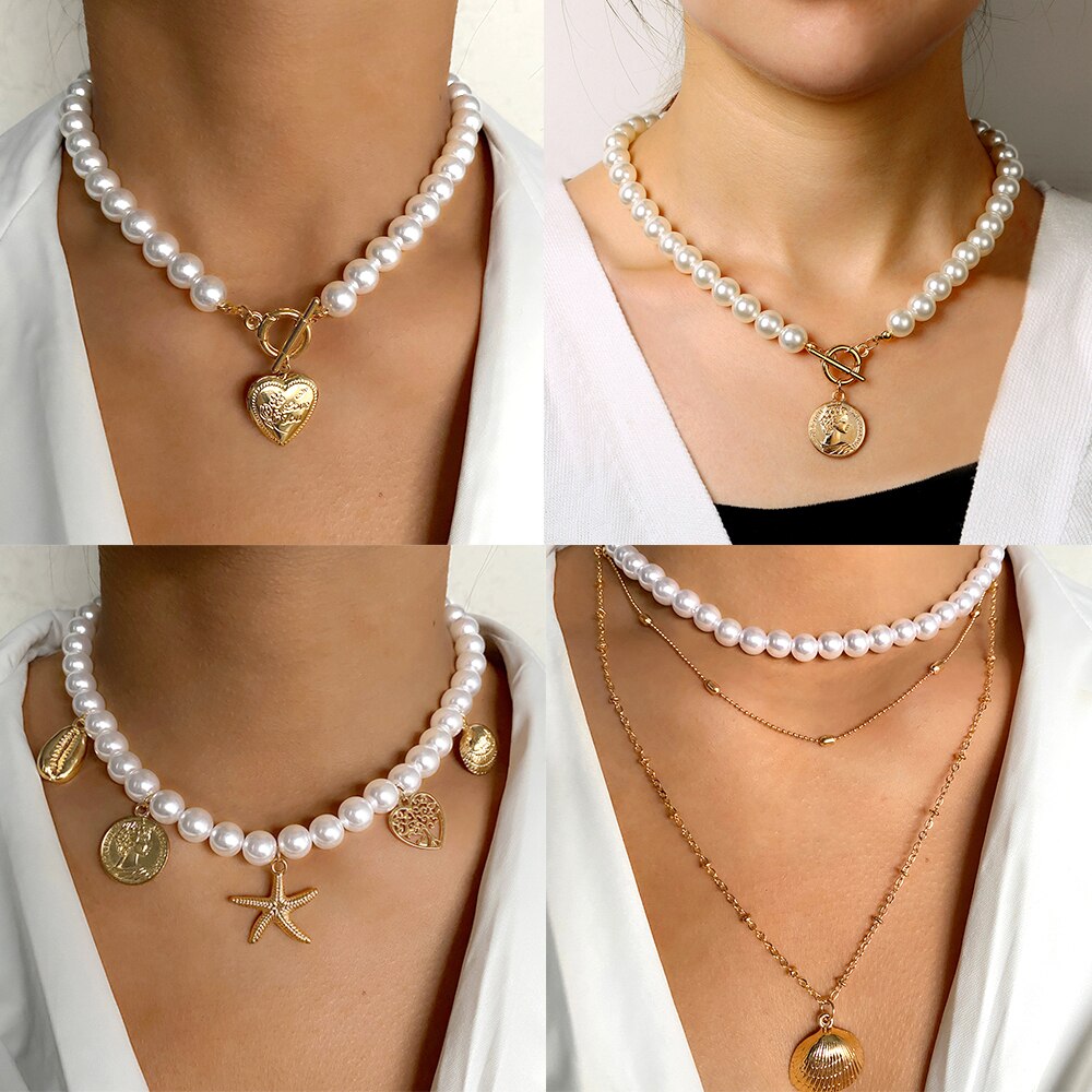 Aveuri Luxury bead Stone Shell Pendant Necklace for Women Summer Star Heart Chain Choker Necklace Bohemian Jewelry Gift 2023