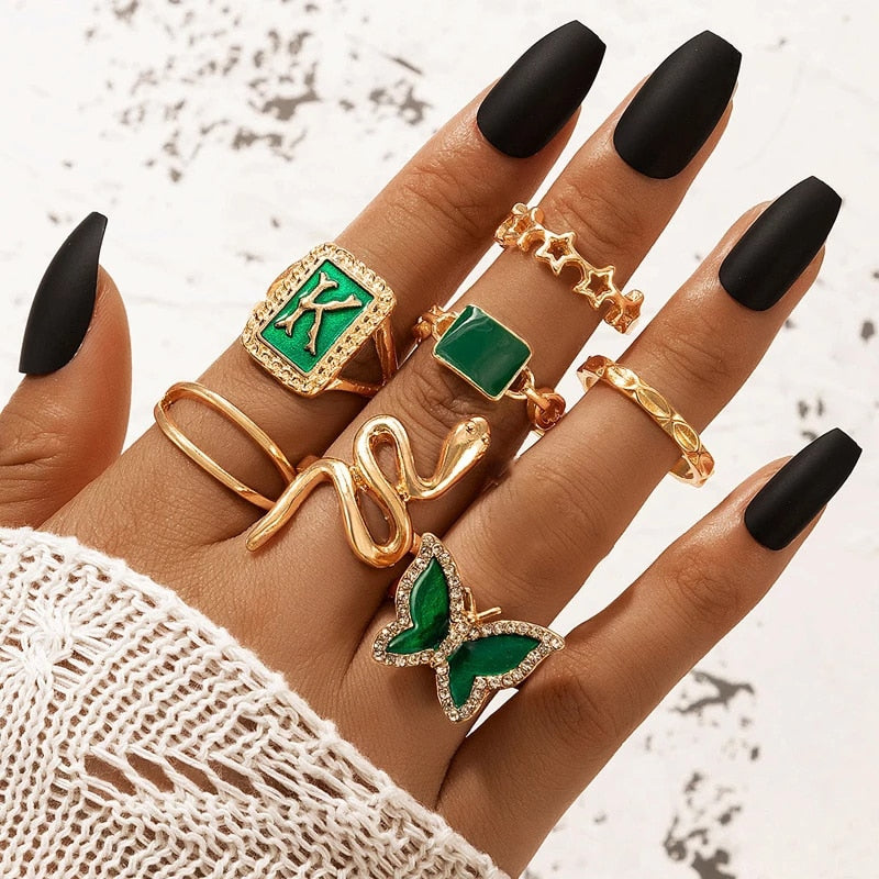 Aveuri 8pcs/sets Luxury Green Stone Butterfly Gold Ring for Women Men Snake Cross Star Wedding Jewelry Anillo 19605