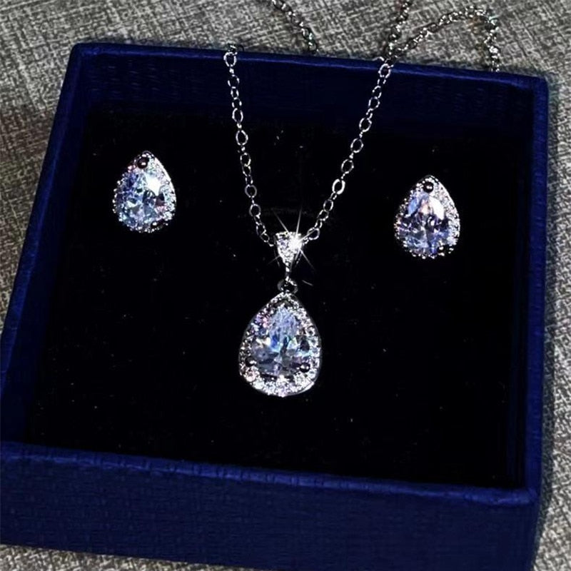 Christmas Gift  Jewelry Sets For Women Silver Cubic Zirconia Water Drop Stud Earrings Necklaces Pendants Fine Jewelry Simple Accessories