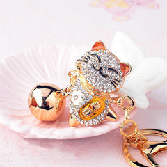 Aveuri Cute Crystal Keychain Women's Alloy Big Bell Rhinestone Japanese Lucky Cat Car Key Chain Girl Bag Pendant Jewelry Keyring Animal