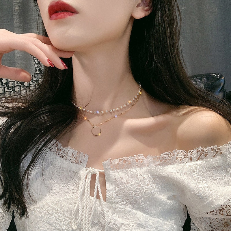 LATS 2023 New Fashion Kpop Pearl Choker Necklace for Women Cute Double Layer Round Chain Pendant Necklaces Jewelry Girl Gift