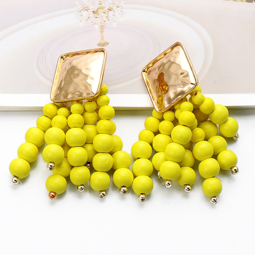 AVEURI New Long Wooden Bead Chain Tassel Christmas Dangle Earrings Statement Drop Earring Fashion Trend Xmas Jewelry For Women Gift