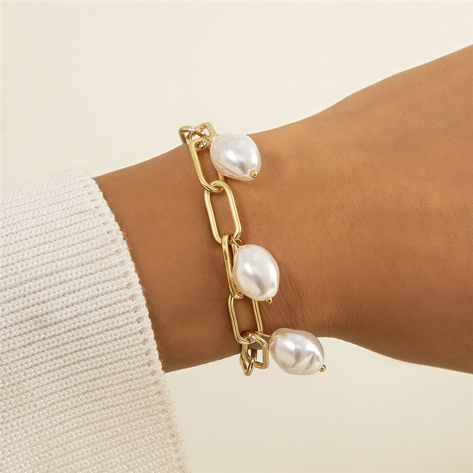 Aveuri High Quality Charm Imitation Pearl Bracelet Bangle For Women Armband Steampunk Lock Chunky Chain Bracelets Friend Couple Jewelry