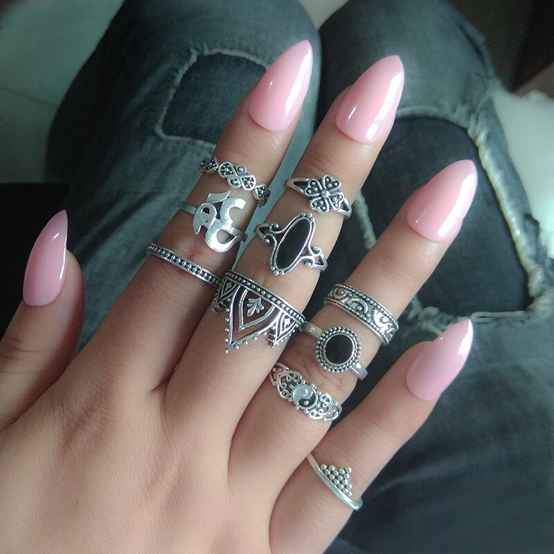 Aveuri Leaf Moon Crescent Rings for Women Antique Sliver Color Punk Knuckle Midi Ring Set Vintage  Jewelry Accessories Wholesale