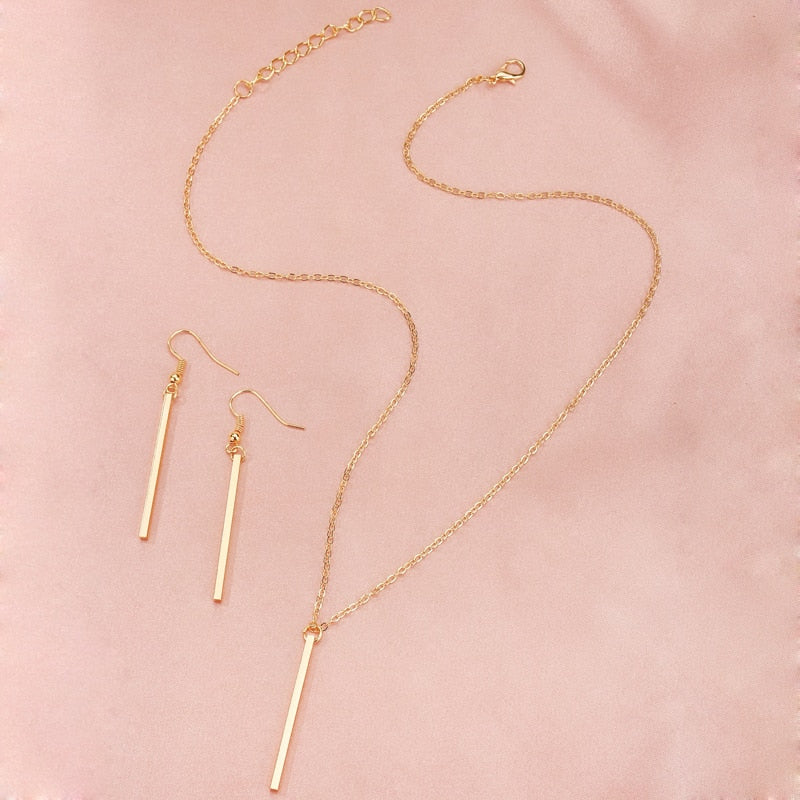 Tocona Simple Style Gold Stick Drop Earrings Geometry Pendant Necklace for Women Charms Alloy Metal Wedding Jewelry Set 19752