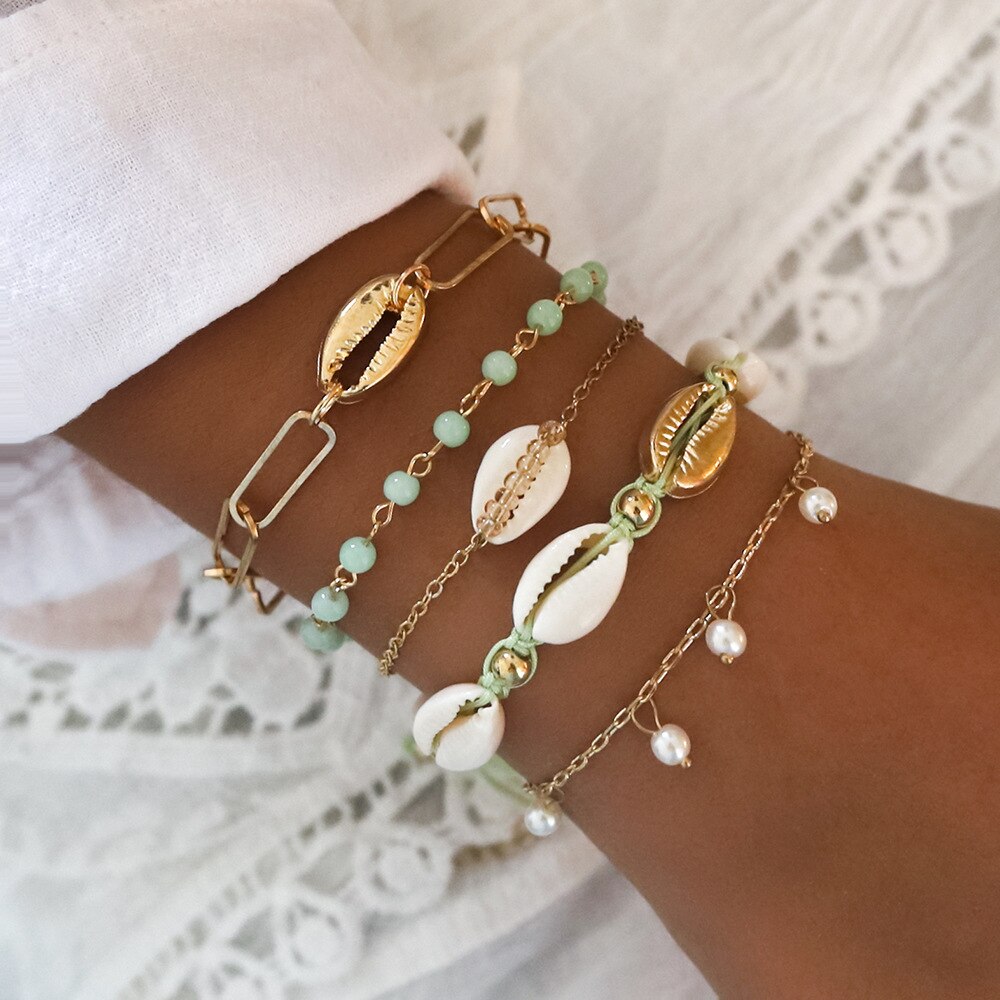 AVEURi 2023 4Pcs/Set Bohemian Gold Chain Bracelets & Bangles Vintage Exaggeration Beads Bracelet For Girls Women Jewelry