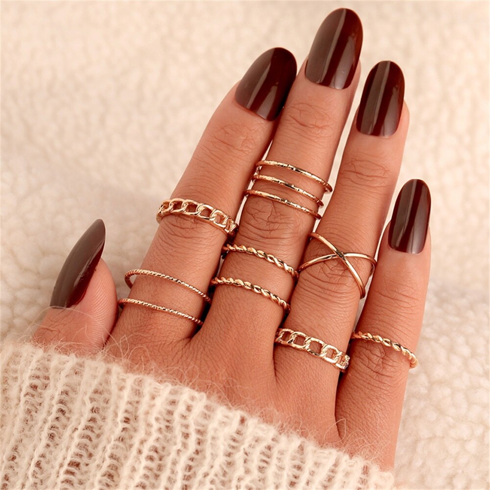 Aveuri Punk Gold Wide Chain Rings Set For Women Girls Fashion Irregular Finger Thin Rings Gift 2023 Female Jewelry Party