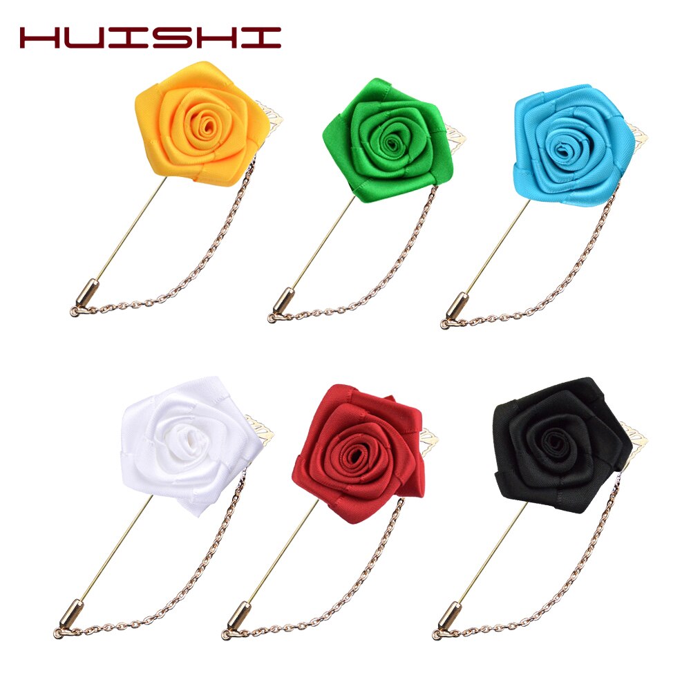 HUISHI Brooch For Men Korean Handmade Fashion New Ribbon Flower Lapel Pin Fabric Rose Flowers Brooch Men's Gold Chain Leaf Suit