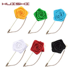 HUISHI Brooch For Men Korean Handmade Fashion New Ribbon Flower Lapel Pin Fabric Rose Flowers Brooch Men's Gold Chain Leaf Suit