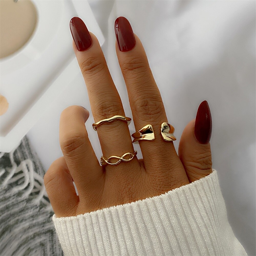 Aveuri Punk Gold Wide Chain Rings Set For Women Girls Fashion Irregular Finger Thin Rings Gift 2023 Female Jewelry Party