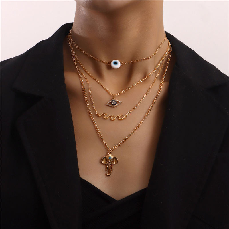 Aveuri 2023 Vintage Elephant Pyramid Egyptian Pharaoh Pendant For Women Evil Eye Multilayer Gold Color Wave Necklace Punk Lady Jewelry Gifts