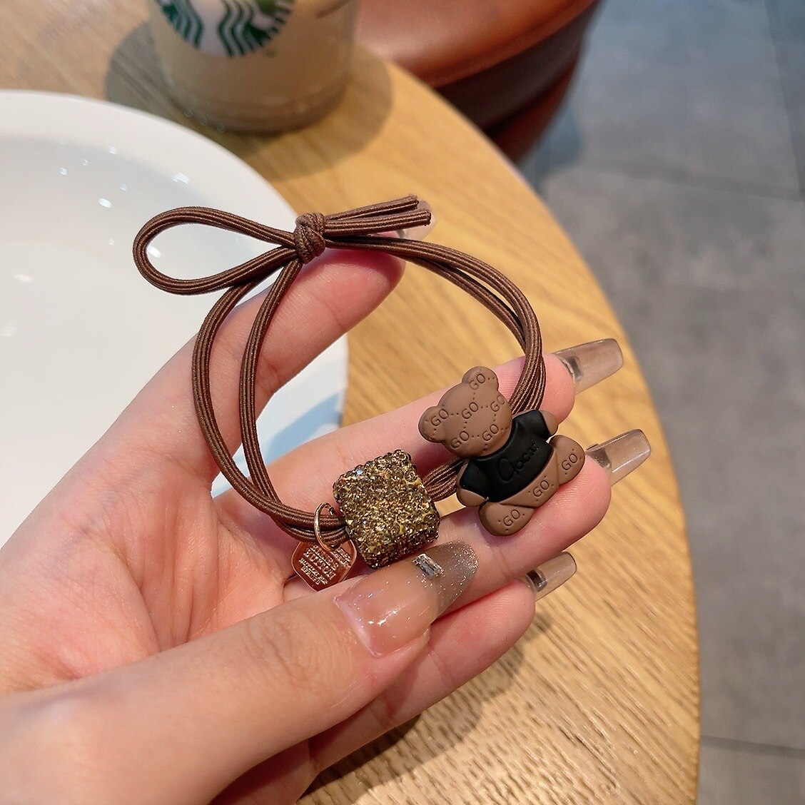 Aveuri 2023 The New Brown Coffee Color Crown Czech Diamond Bear Hair Ring Full Of Diamond Square Hair Rope Ball Head Rope