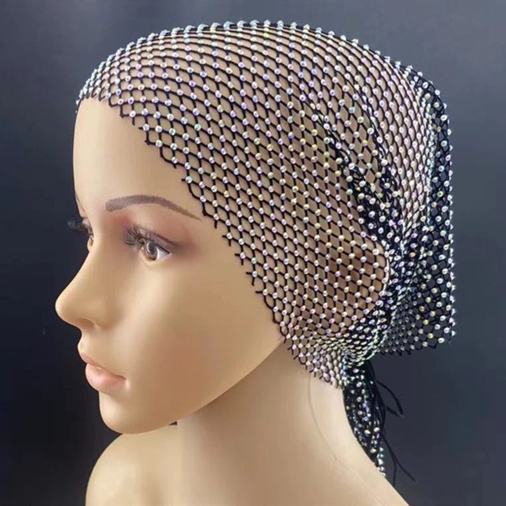 Aveuri INS Luxury AB Color Rhinestone Mesh Head Scarf Cover Head Hat Headwraps Hair Jewelry For Women Bling Crystal Headpiece Headwear