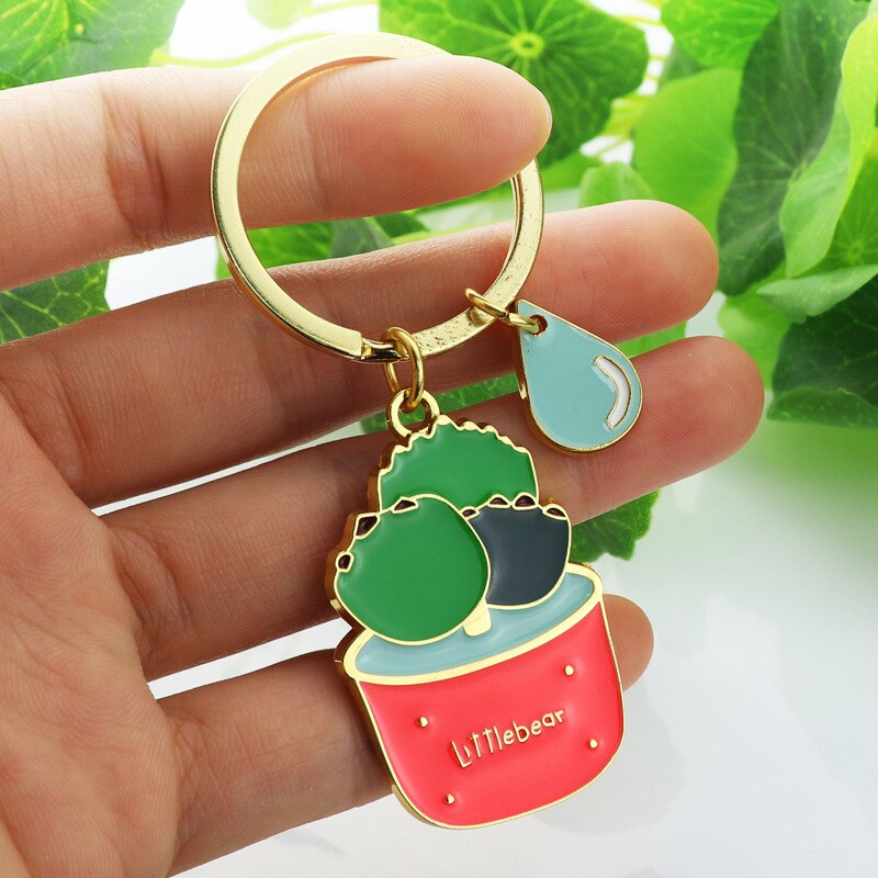 Aveuri Lovely Cactus Keychain Women Succulent Potted Succulent Plants Shaped Keychain Ring Gold Car Key Chains Best Gift For Friend