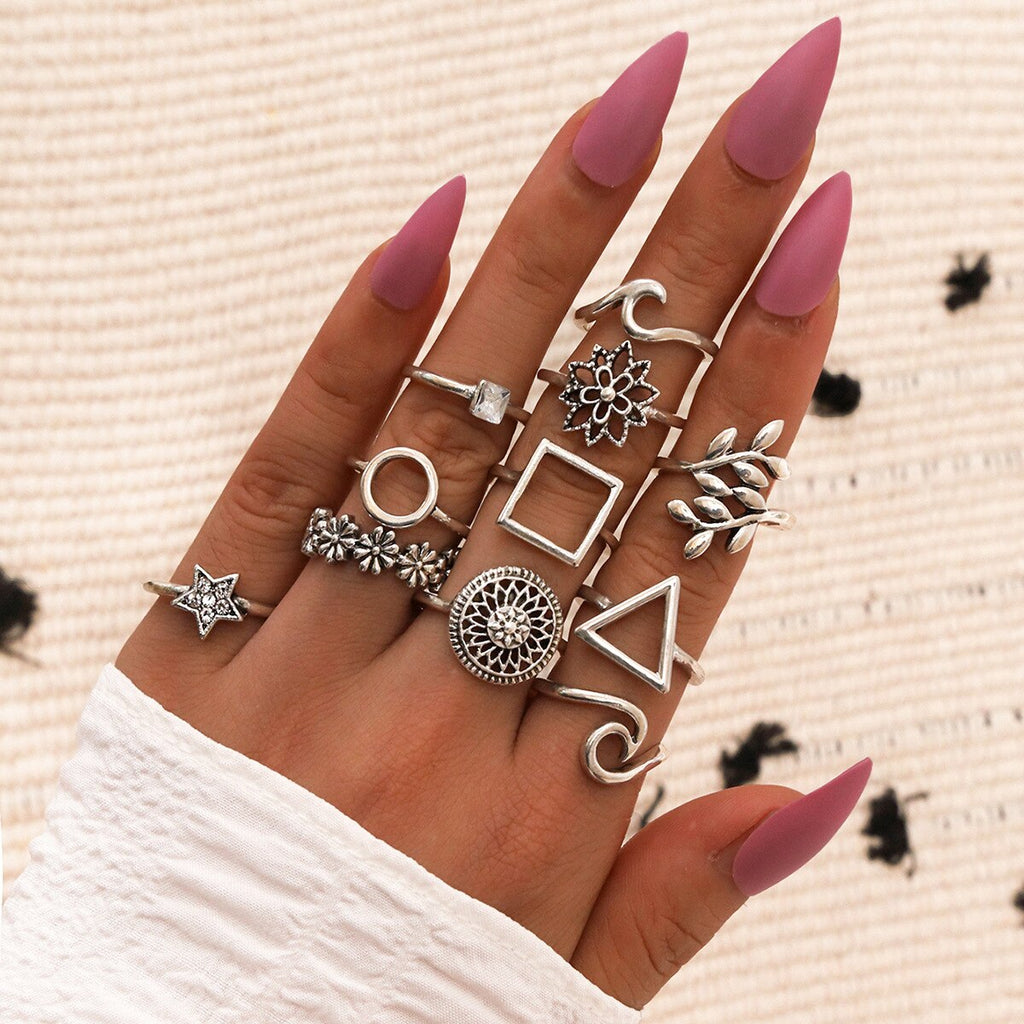 Aveuri Simple Silver Color Star Wing Finger Ring Set for Women Boho Heart Letter Kcunkle Couple Fashion Joint Jewelry Anillos