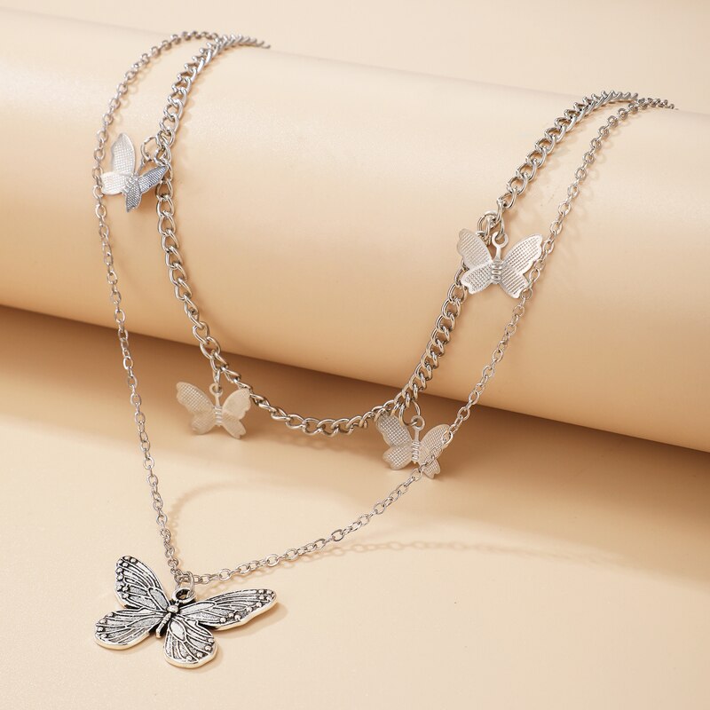 Aveuri Trendy Butterfly Pendant Necklace for Women Charming Silver Color Alloy Metal Multilayer Jewelry Wholesale Gift 15703