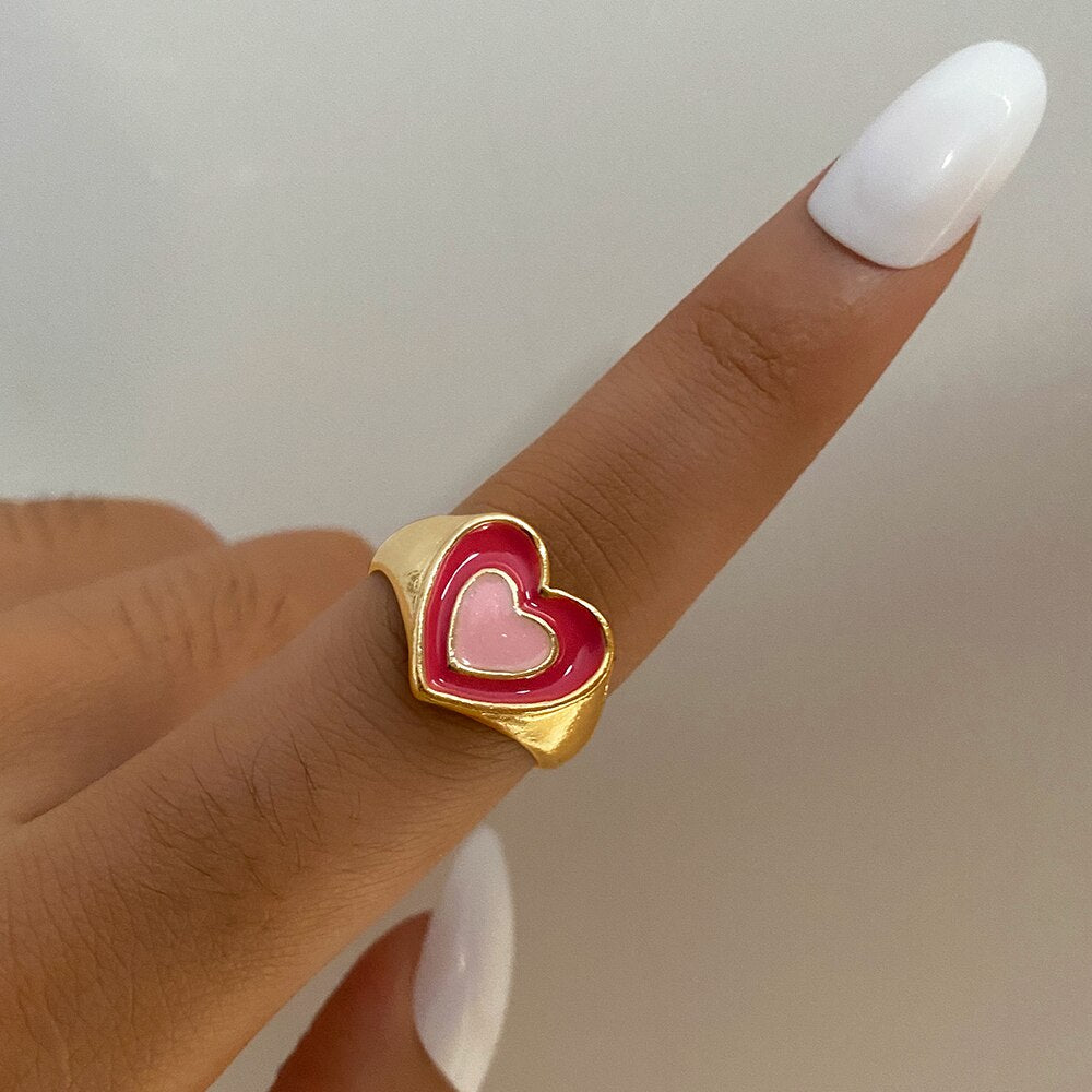 Aveuri New Colorful Ring for Women Glossy Dripping Love Heart Rings Peach Heart Ring Exquisite Wild Trend Jewelry