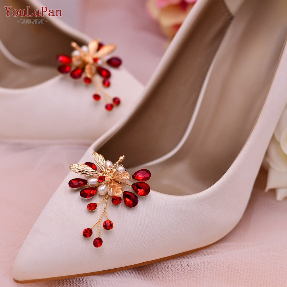 Aveuri X43 2Pcs Wedding Shoe Clips For Women Bridal Handmade Shoe Clip Wedding Shoe Buckle Red Rhinestone Shoe Accessories