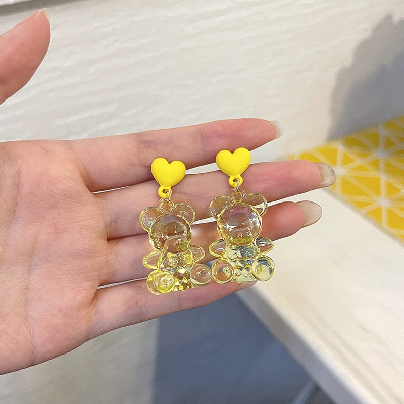 Christmas Gift New Fashion Classic Heart-shaped Sweet Transparent Bear Crystal Earrings For Women Female Simple Cute Small Fres Earring Jewelry