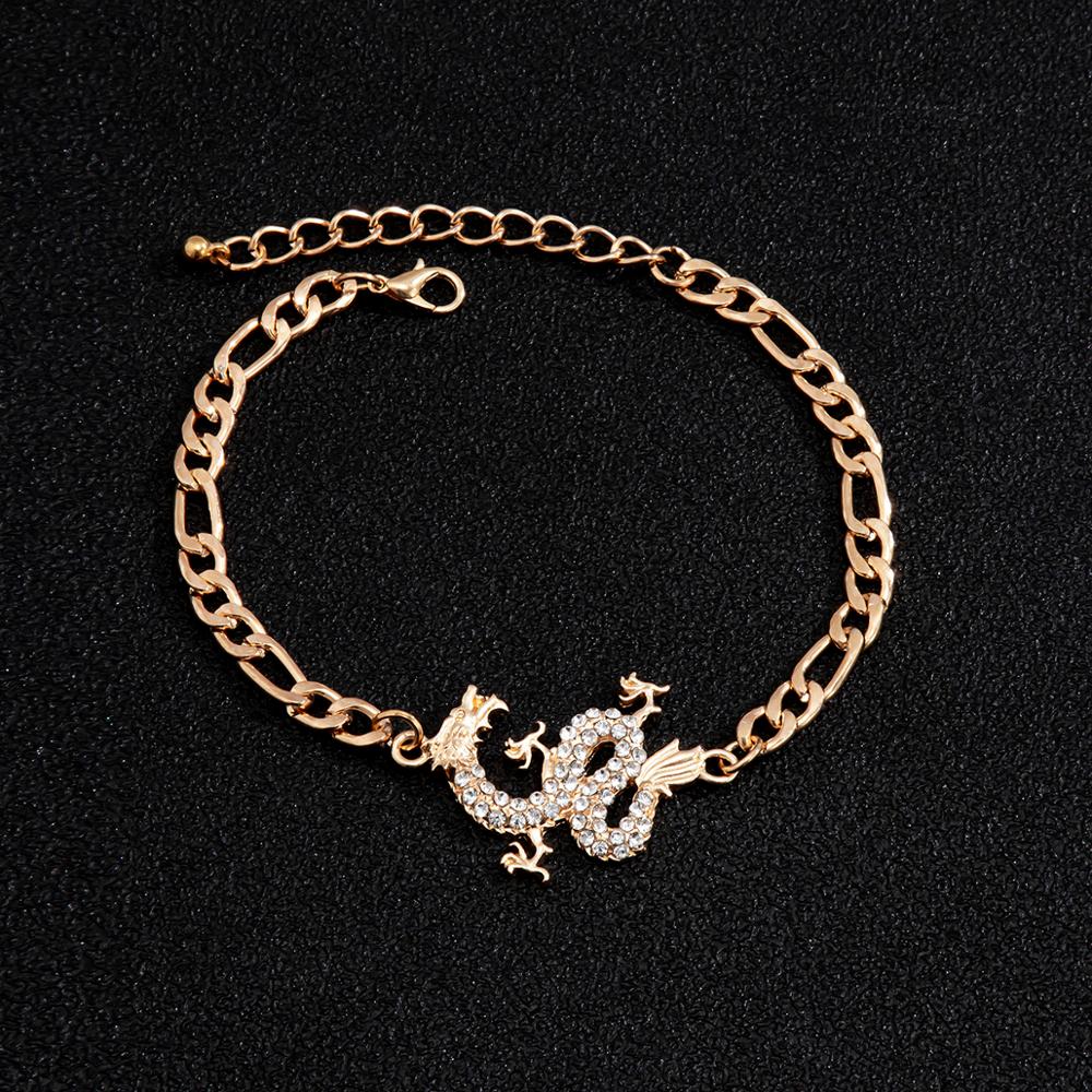 Aveuri Kpop Luxury Crystal Dragon Pendant Bracelet for Women Men Gold Silver Color Metal Cuban Link Chain Bracelet Unisex Wrist Jewerly