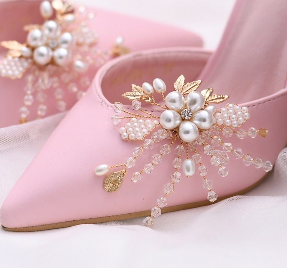 Aveuri lot Removable Bride High Heel Clip Rhinestone Wedding Shoes Buckle Women Decoration Pearls Floral Bead Shoe Clips