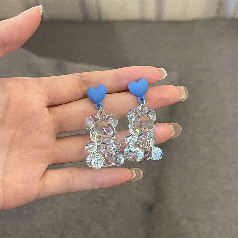 Christmas Gift New Fashion Classic Heart-shaped Sweet Transparent Bear Crystal Earrings For Women Female Simple Cute Small Fres Earring Jewelry