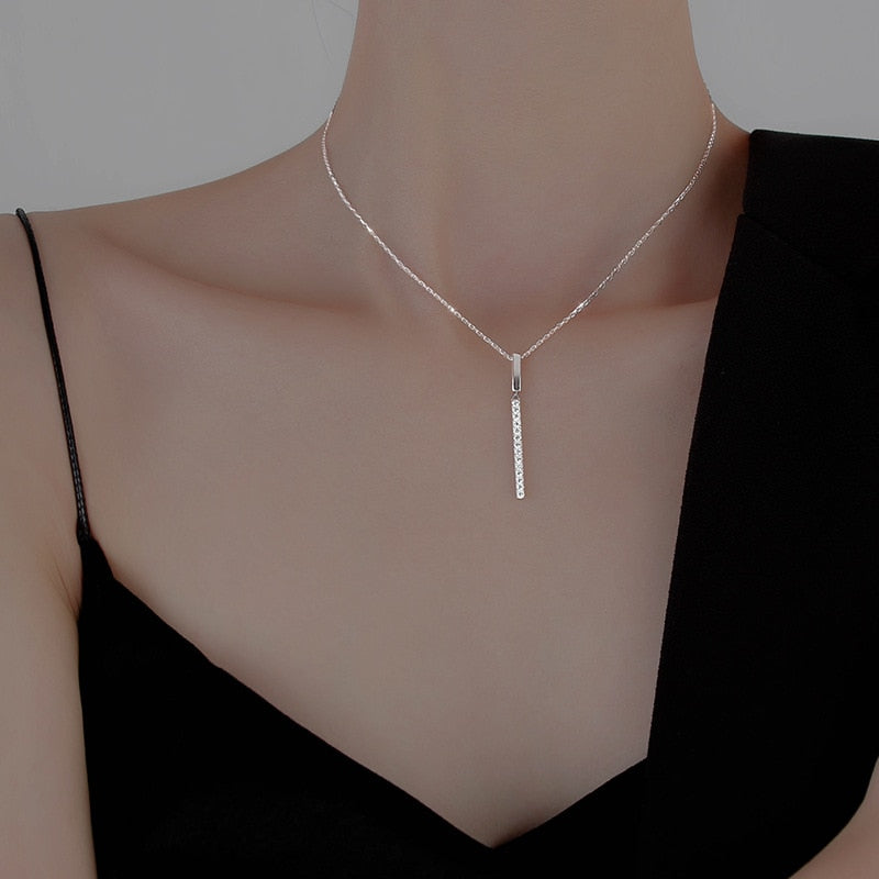 Fashion New Jewelry 925 Sterling Silver AAA Zircon Strip Shape Pendant Necklaces One Word Diamond Necklace for Women Wedding
